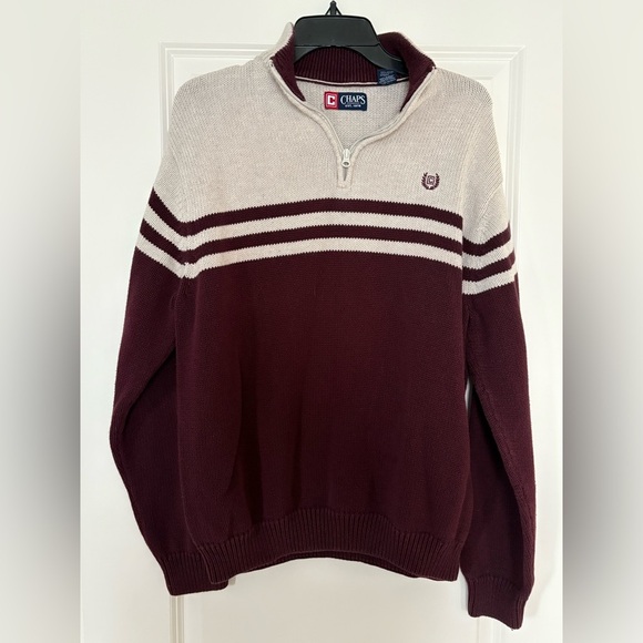Chaps Pullover Sweater Men's XL maroon beige striped rugby Preppy School College - Picture 1 of 7